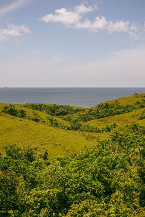 Free Idyllic landscape featuring rolling green hills and a vast ocean under a bright blue sky. Stock Photo