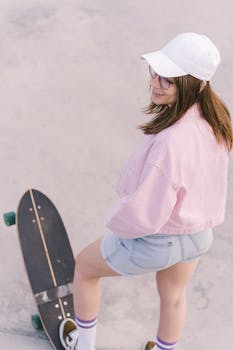 Young woman in casual attire with a longboard in an outdoor setting, showing an active lifestyle.
