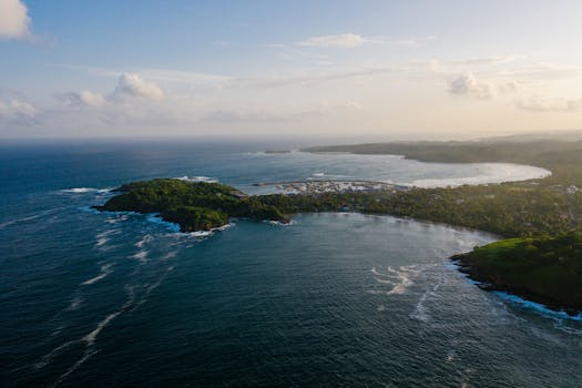 Breathtaking aerial view of a coastal bay with lush greenery and calm waters at sunset.