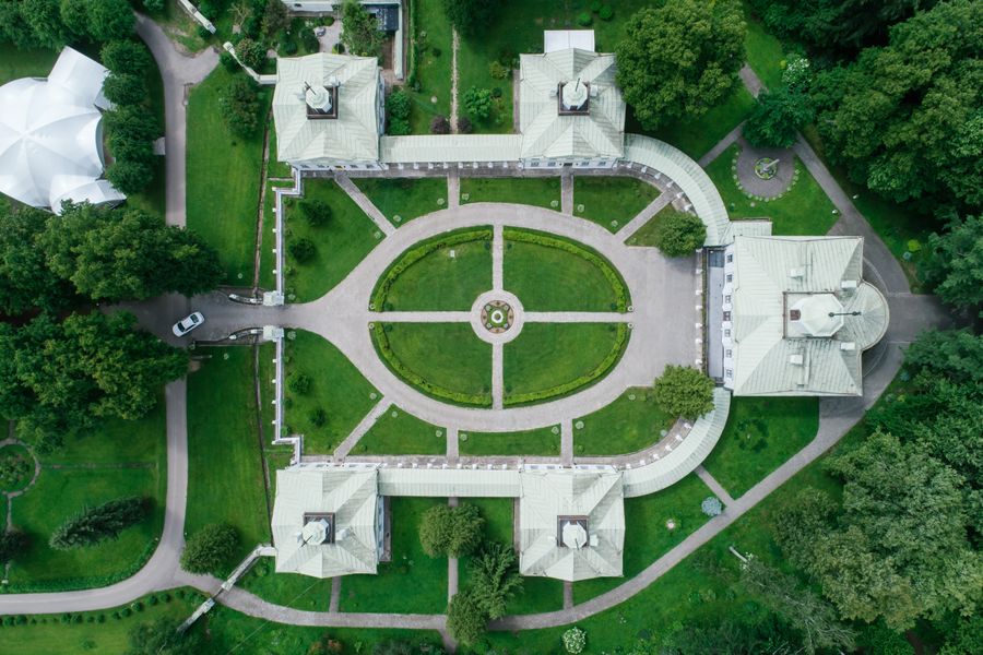 Aerial view of manicured commercial estate gardens