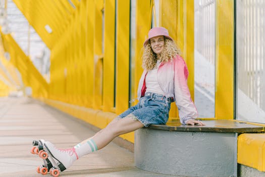 Young woman in bucket hat and roller skates sits on a yellow bridge, exuding fashion and style.