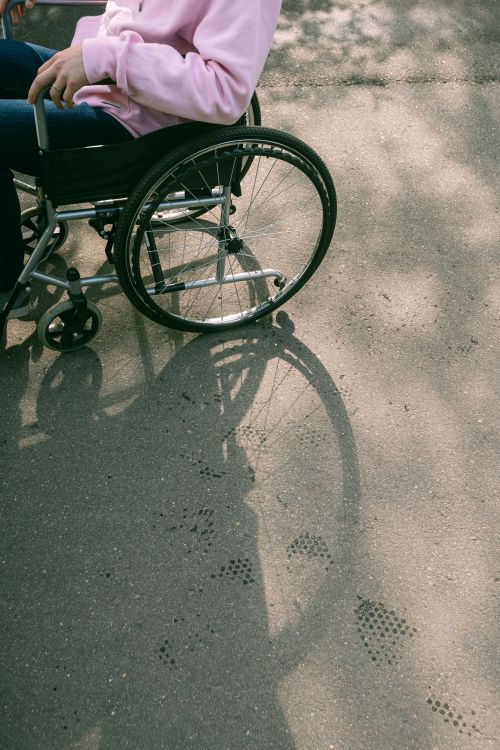 Free A woman in a wheelchair casts a shadow on a sunlit pathway, wearing a pink sweatshirt. Stock Photo