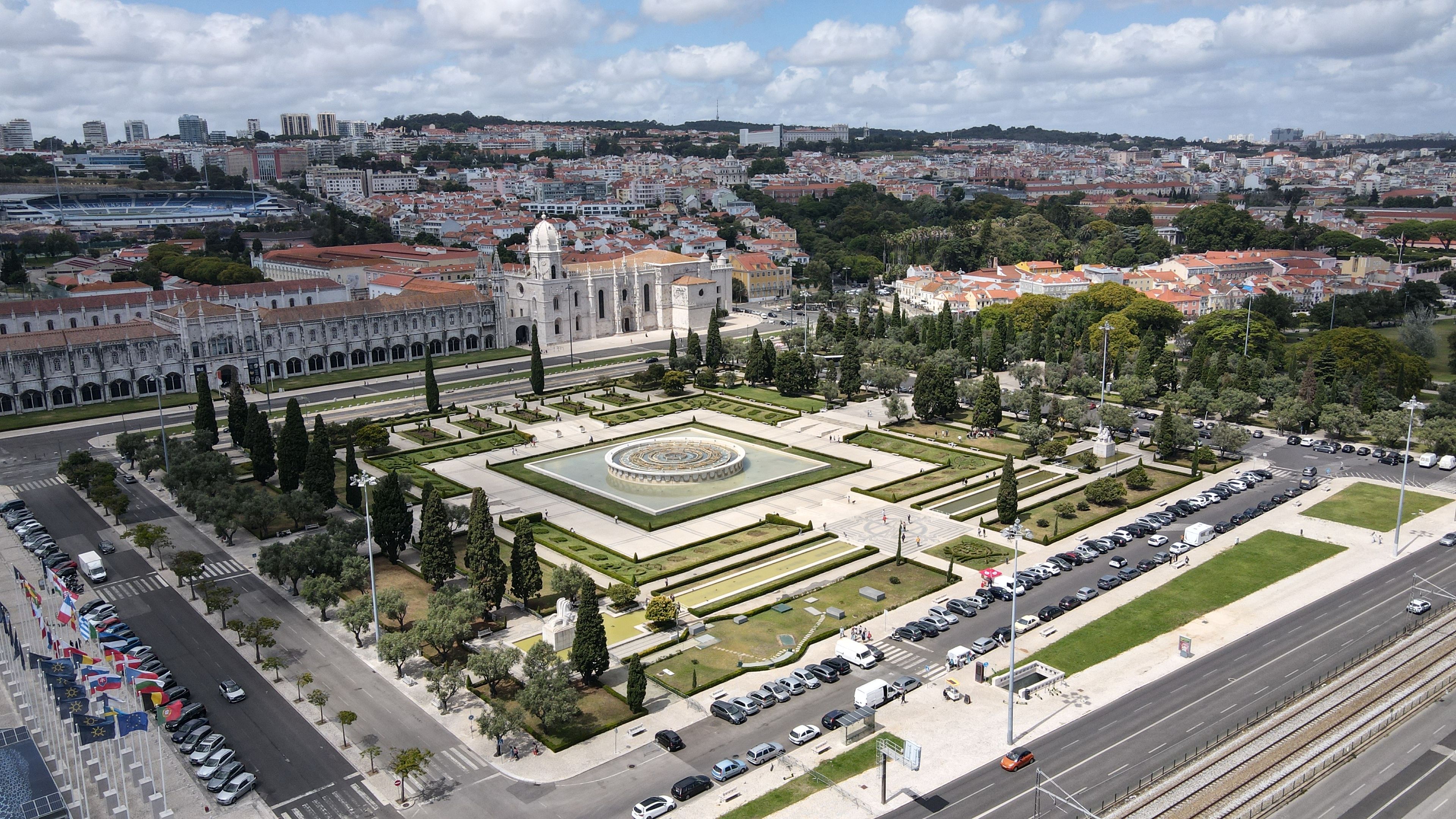 Romantic tree-lined garden square in Lisbon's Príncipe Real at sunset