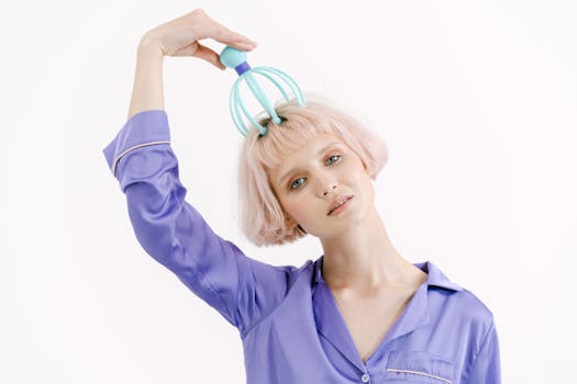Studio shot of a woman with pink hair using a head massager, dressed in purple sleepwear.