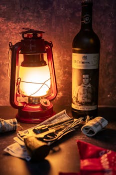 Photo by Andrei Photo A moody still life featuring a kerosene lamp, wine bottle, and revolver in warm light.