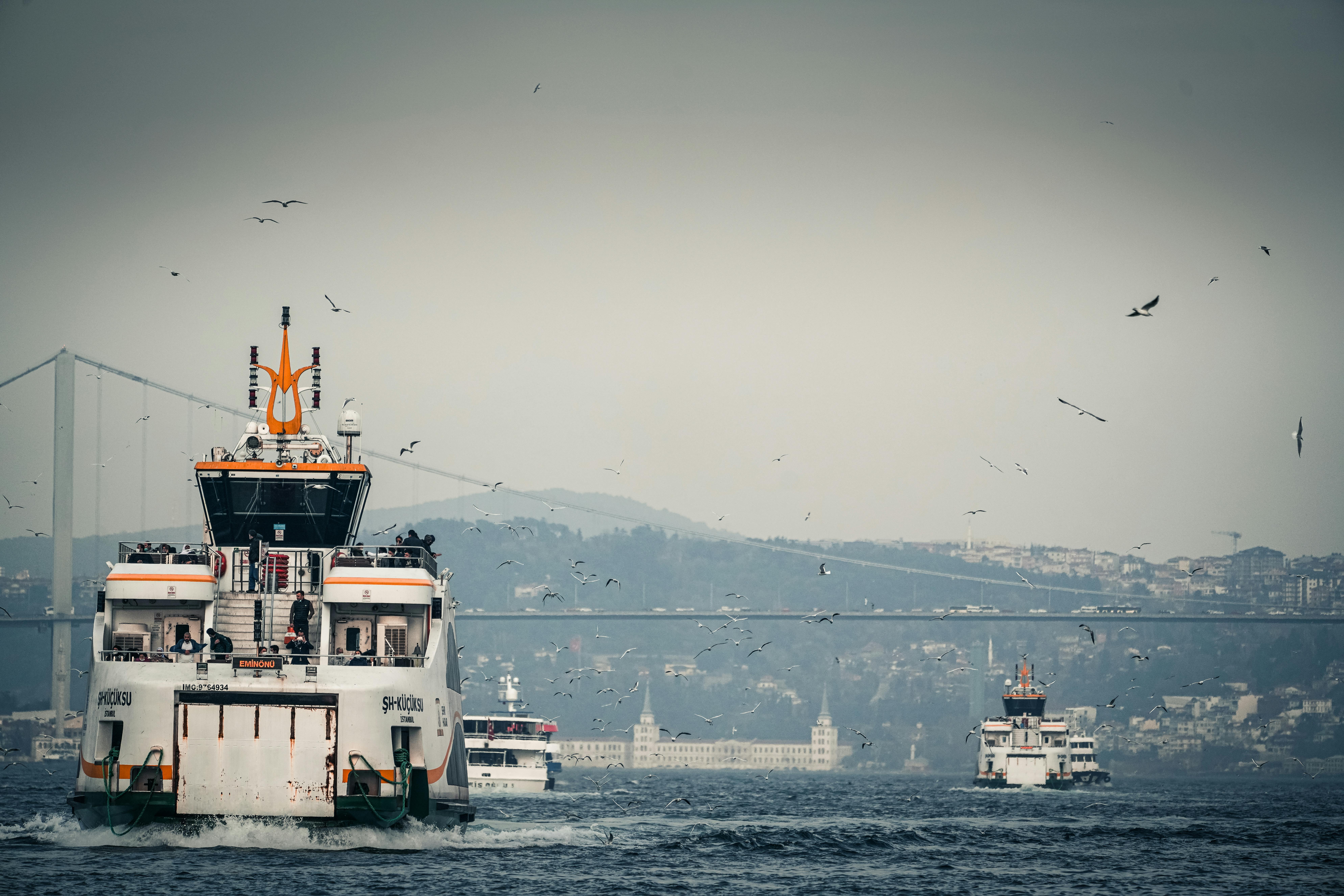 Free Ferries navigating the Bosphorus in Istanbul with cityscape and bridge in the background. Stock Photo