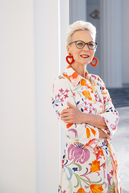 Free A Woman with White Hair Wearing Floral Dress Stock Photo
