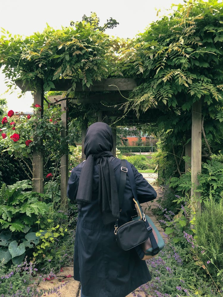 Back Of A Woman Walking Through A Garden