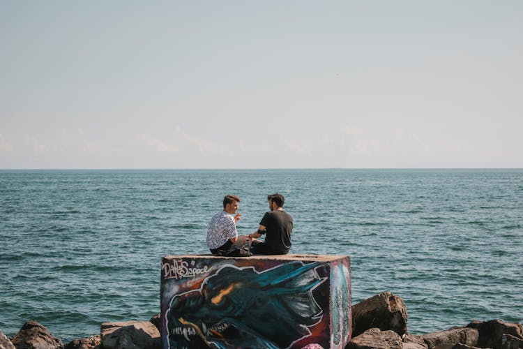 Two Men Talking Together Near The Sea 