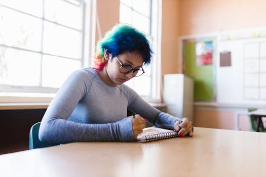 Teen girl with vibrant hair focused on writing in a bright classroom setting.