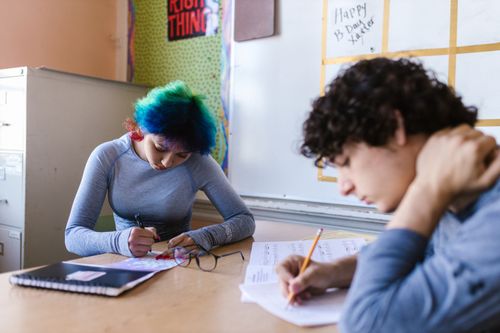 Free Two students concentrating on their studies in a classroom setting. Stock Photo