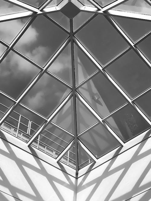 Grayscale Photo of Glass Ceiling 