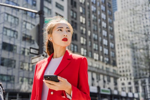 Elegant Asian businesswoman in a red jacket using her phone in a bustling city environment, exuding professional style.