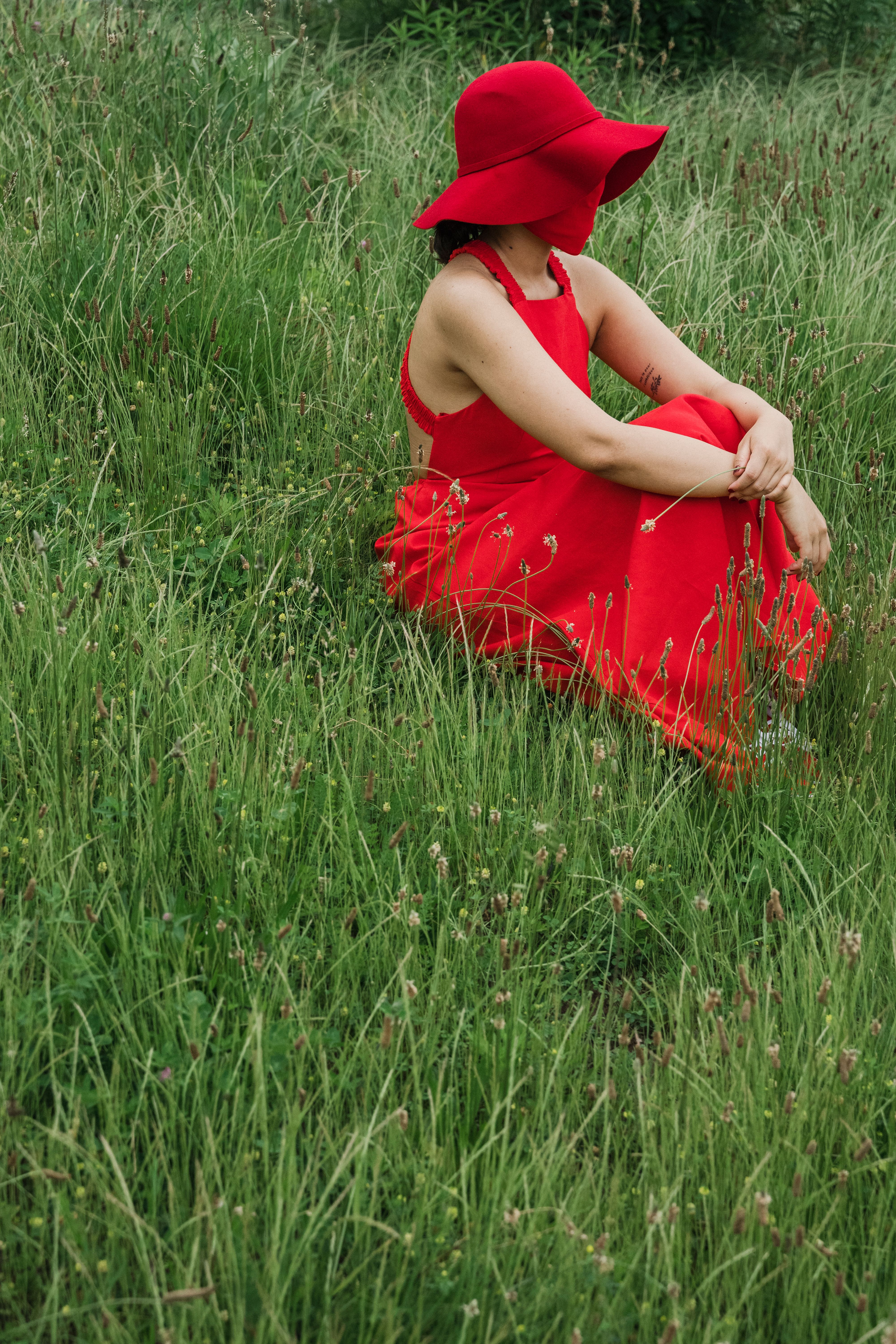 Woman in Red Dress Sitting on the Grass · Free Stock Photo