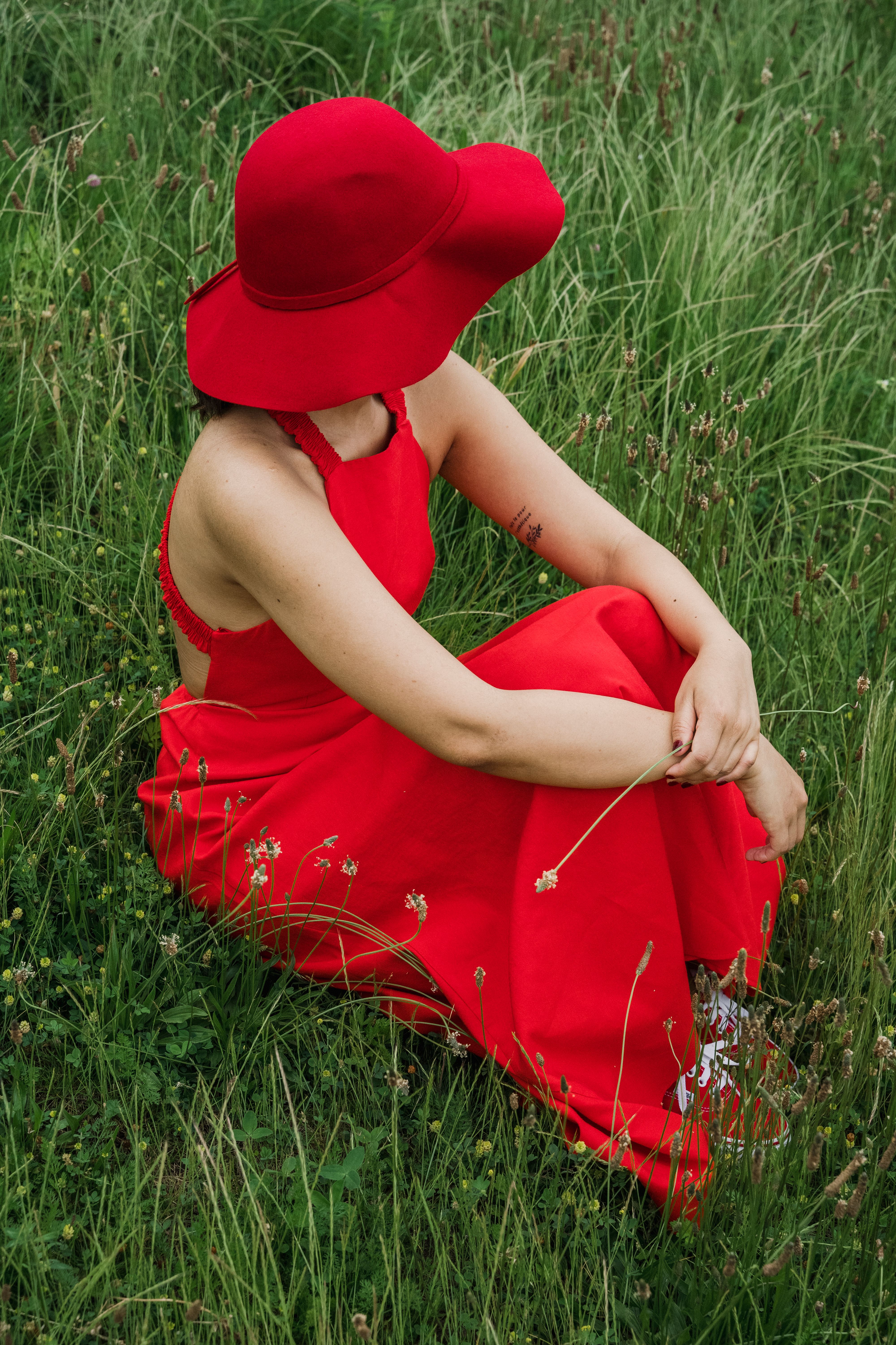 Woman in Red Dress Sitting on the Grass · Free Stock Photo