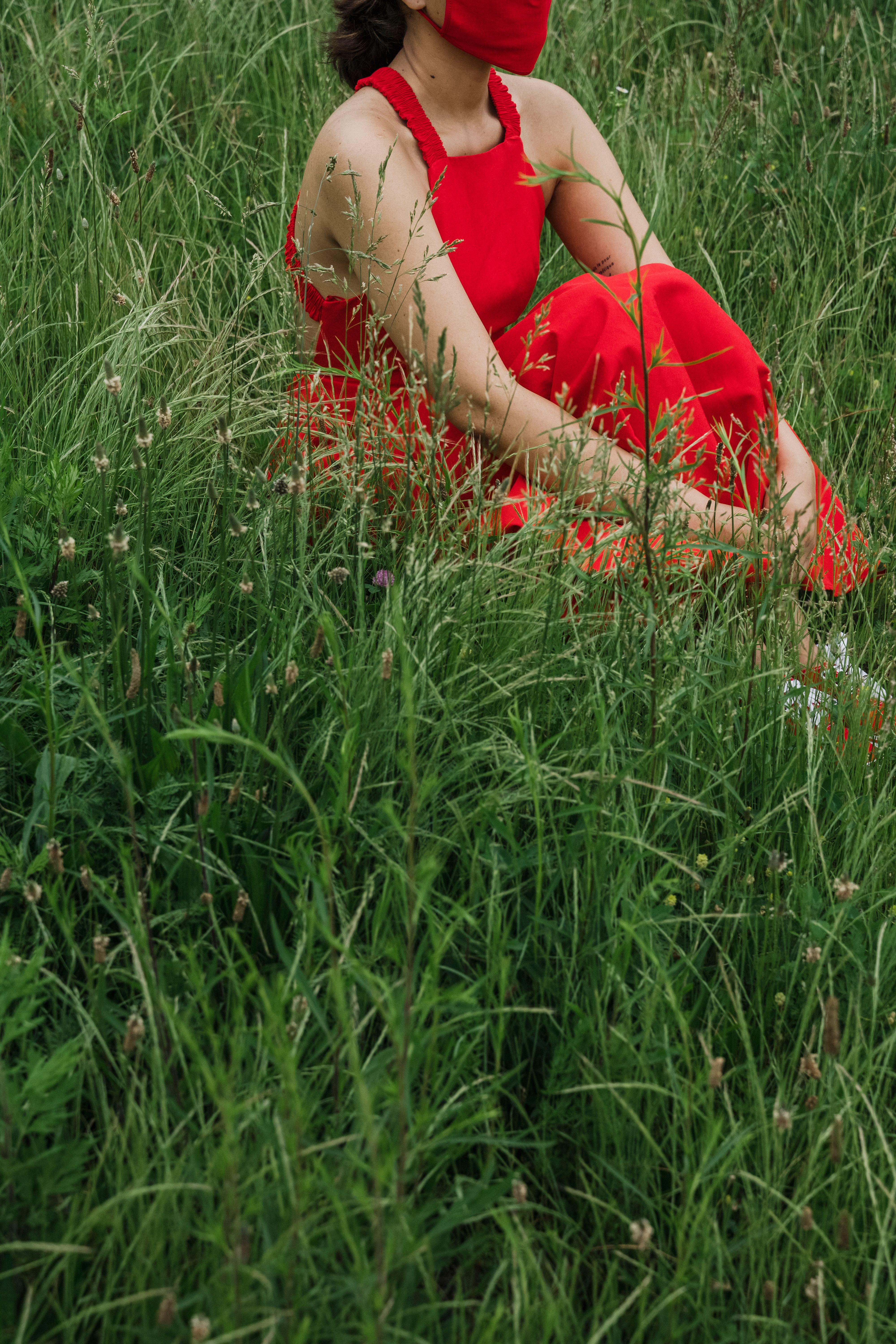 Woman in Red Dress Sitting on the Grass · Free Stock Photo