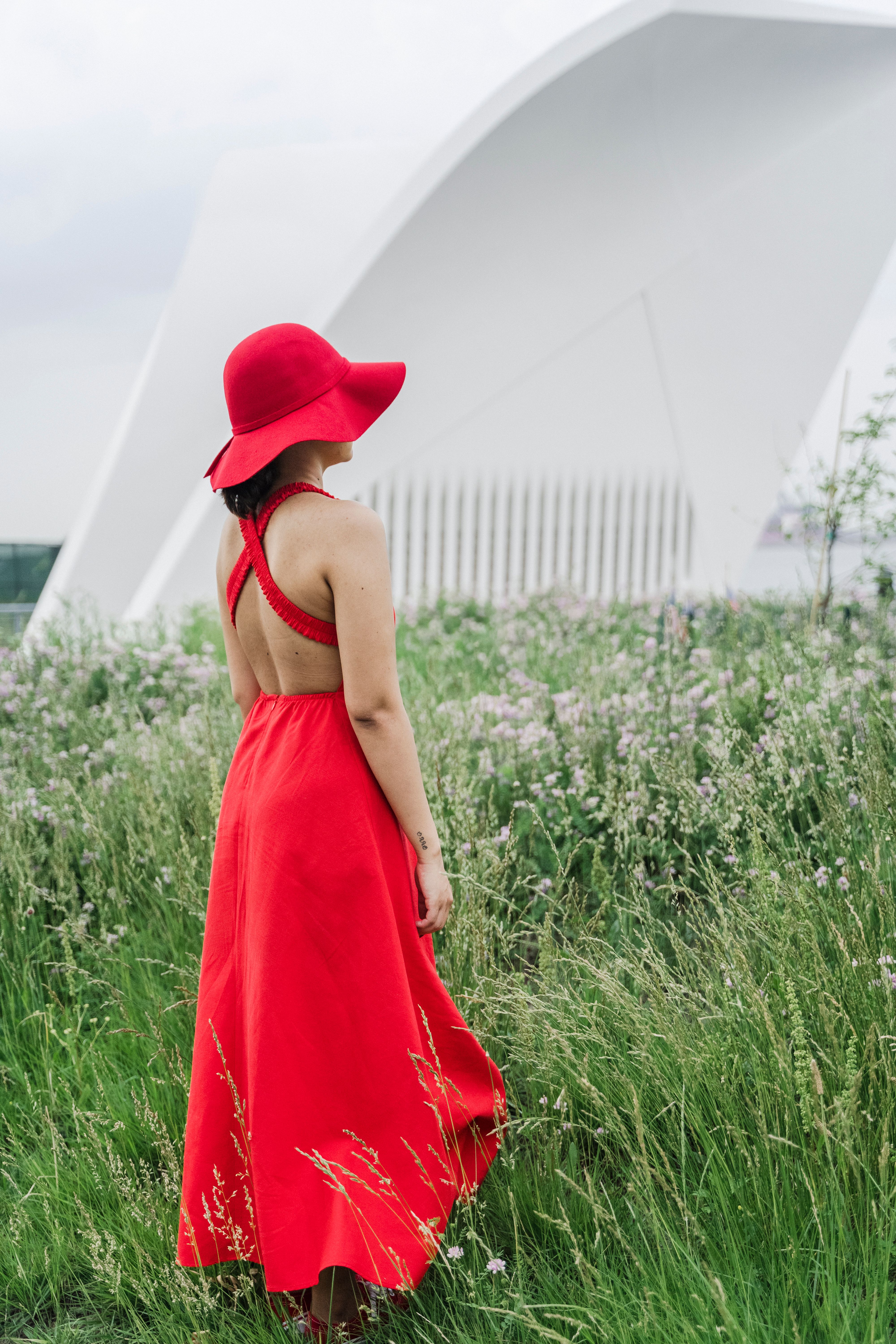 Woman in Red Dress Standing on Grass Field · Free Stock Photo