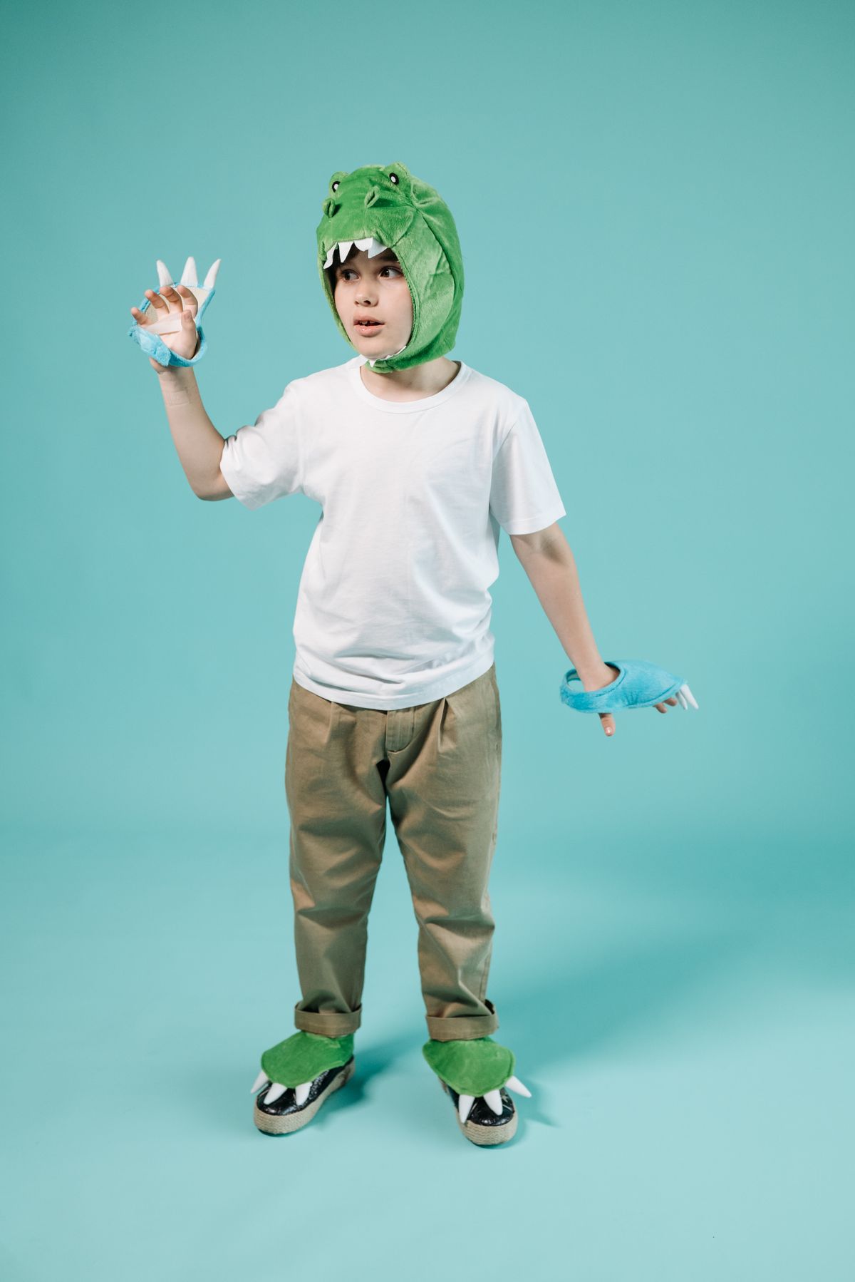 Boy in a green dinosaur hood and a white T-shirt
