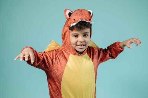 Kid in dinosaur costume