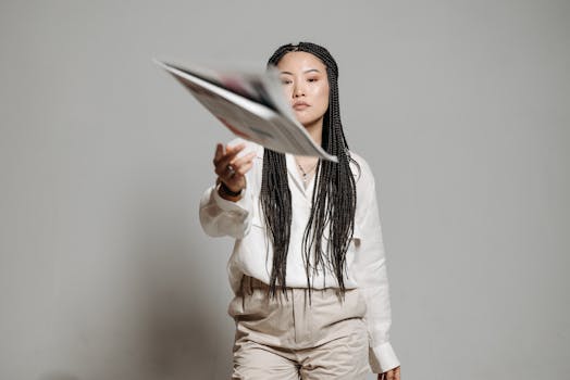 Stylish woman in braids effortlessly tossing a newspaper in an indoor studio shoot.