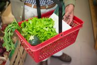 Person Holding Red Plastic Basket With Green Vegetable