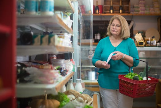 Elderly woman shopping with basket and list in grocery store aisle.