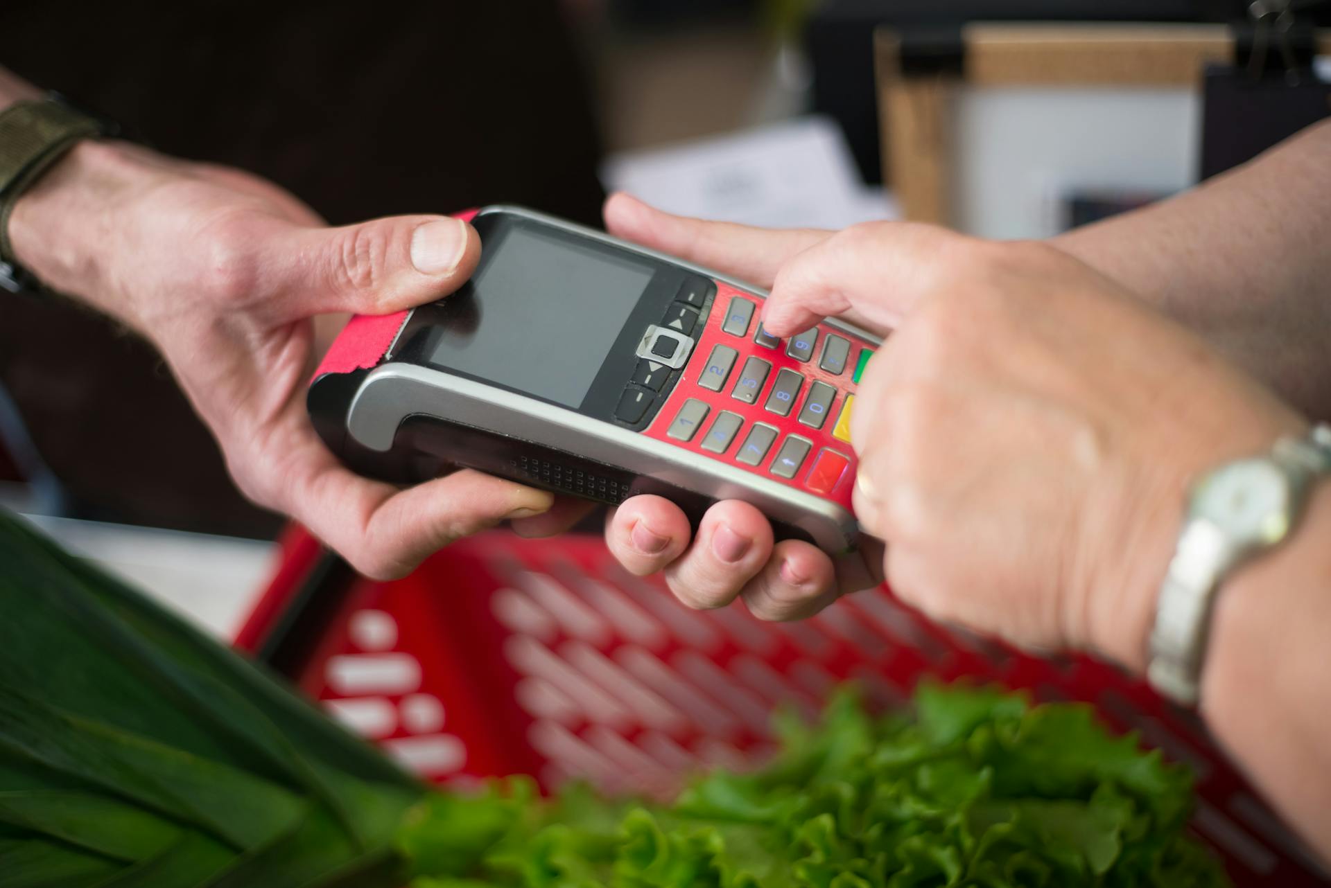 Entering the PIN on the Payment Terminal in the Grocery Store