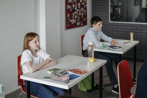Free Two children sitting at desks in a classroom, engaged in educational activities. Stock Photo