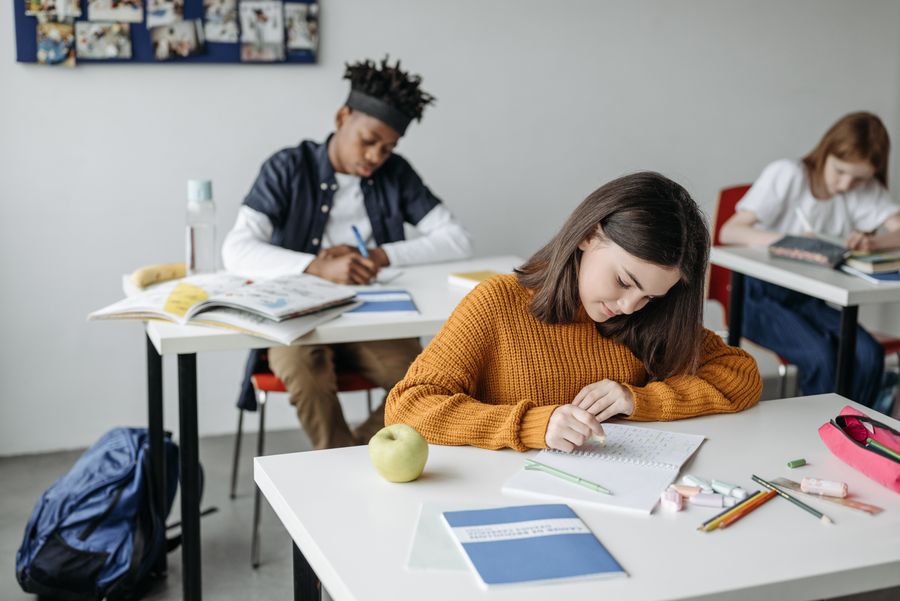 Secondary-school students working together in class