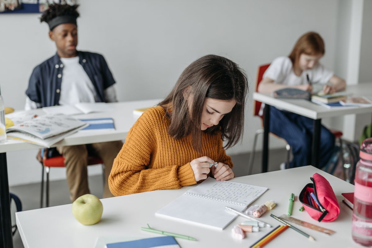 A student sitting at a desk in a classroom setting