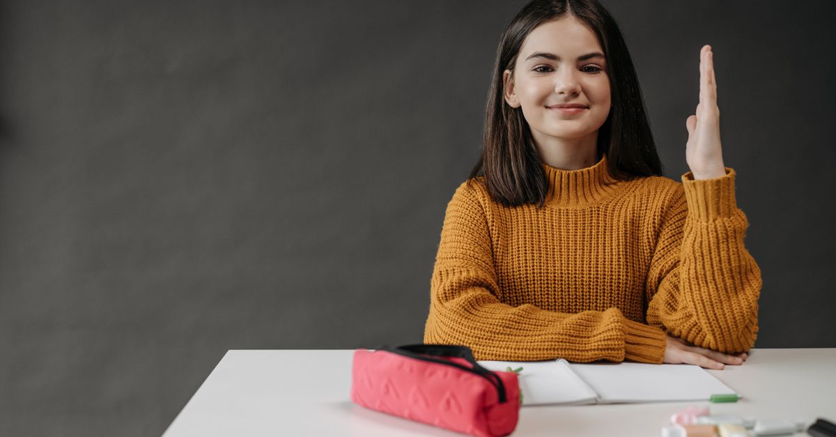 a close-up of a person with a thoughtful expression, raising their hand in a classroom or meeting