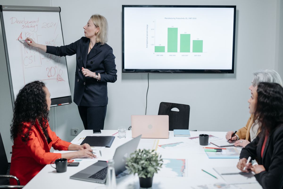 Presenter explaining charts to a team in a meeting room