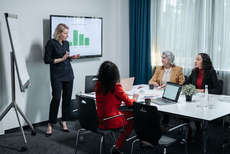 Woman In Black Suit Presenting Graphs In A Meeting