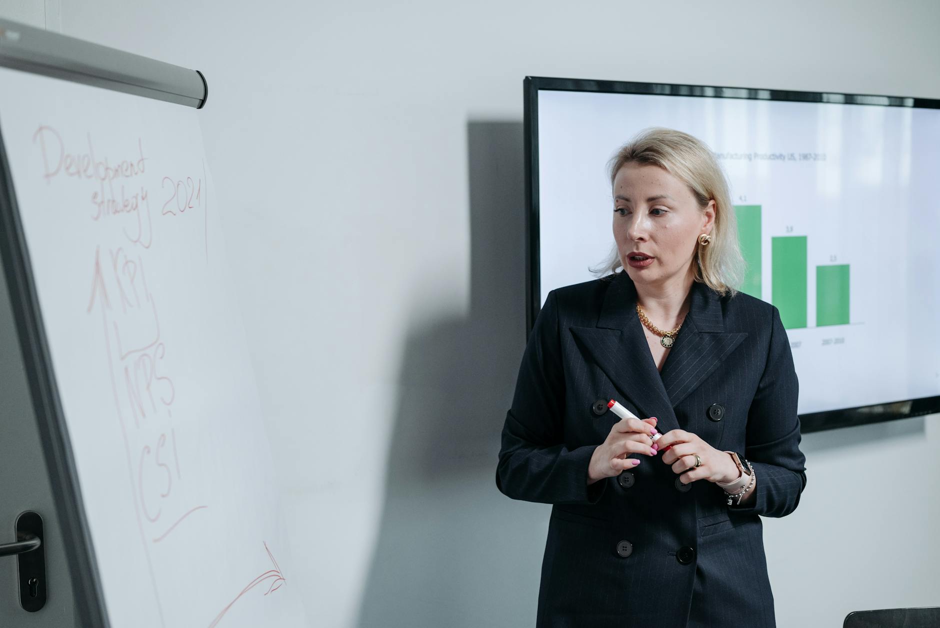 A professional businesswoman presenting a development strategy using charts and graphs in an office setting.