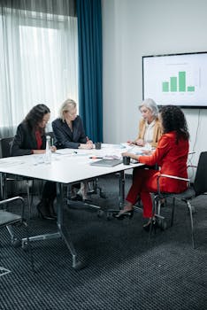 Businesswomen collaborating around a table in a modern office for a meeting.