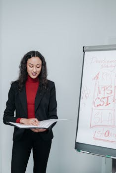 Confident businesswoman presenting a development strategy on a flipchart in a modern office.