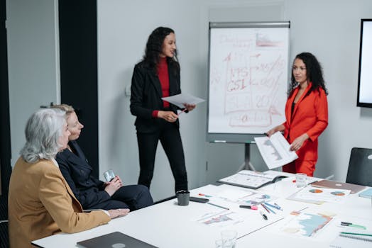 Diverse business professionals engaged in a collaborative meeting with charts and presentations in an office.
