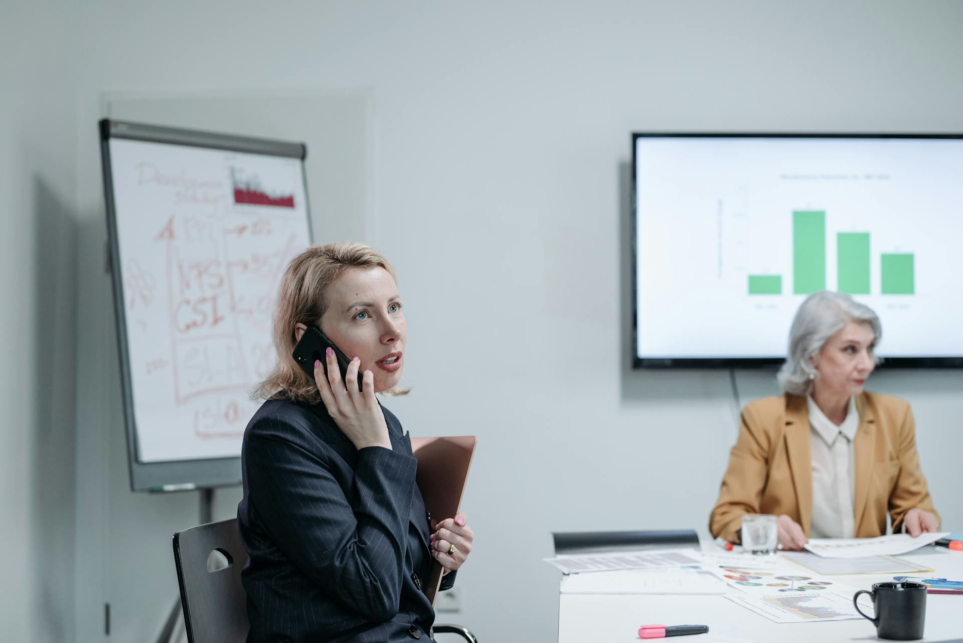 Women executives in a business meeting discussing strategies with charts and phone communication.