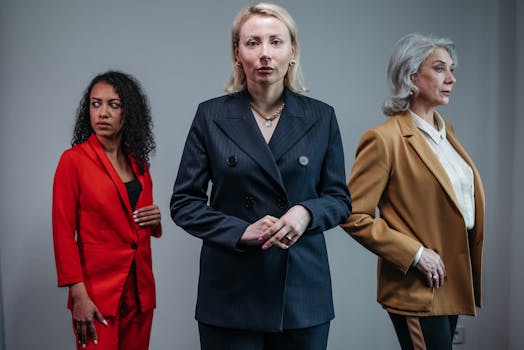 Three businesswomen in suits pose confidently on a neutral background, showcasing diversity.