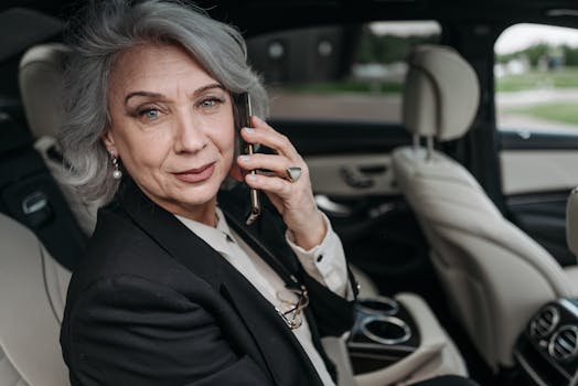Elegant senior woman in luxury car speaking on smartphone, exuding confidence and professionalism.