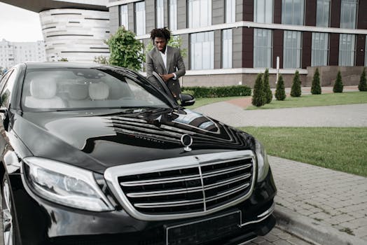 Confident man in suit next to a luxury car, embodying success in cityscape.
