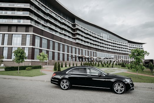 Contemporary building with a sleek black car parked outside on a cloudy day.