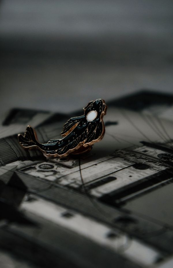 Free Elegant fish-shaped brooch with intricate design placed on an architectural print, exuding creativity and sophistication. Stock Photo