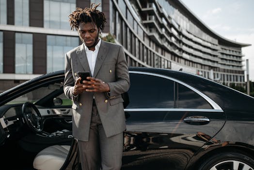 Professional man in a gray suit using his phone next to a luxury car.