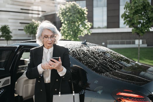 Elegant senior woman using her smartphone next to a car on a rainy day.