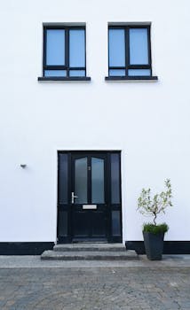 Contemporary white facade featuring a black door and windows with a potted plant, in Moycullen, Ireland.