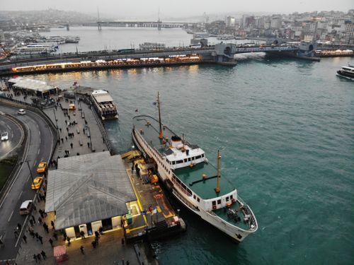 Free An aerial photo showcasing the bustling Galata Bridge and Bosphorus waterway in Istanbul, Turkey. Stock Photo