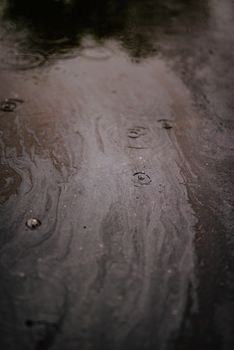 Close-up of a wet road with rain and oil patterns creating a dramatic effect.