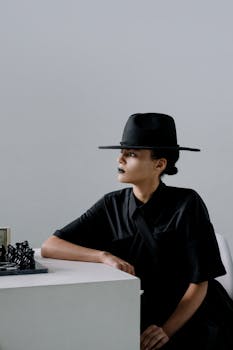 A stylish woman in a black hat sits by a chessboard, exuding mystery and sophistication.