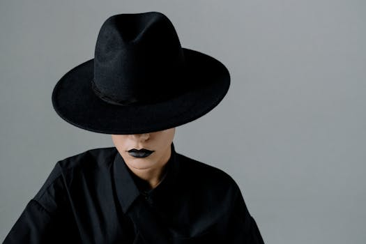Stylish woman in a black hat and lipstick embodies elegance and mystery.